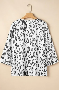 Online Dear-Lover Leopard Print Ruched V Neck 3/4 Sleeve Blouse Black