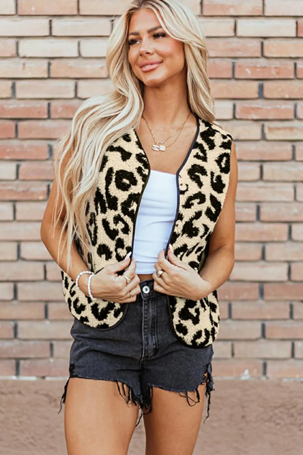 Hot Dear-Lover Leopard Print Sherpa Vest Coat Black