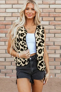 Hot Dear-Lover Leopard Print Sherpa Vest Coat Black