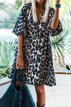 Online Dear-Lover Leopard Puff Sleeve Buttons Front Shirt Dress Black