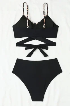 Sale Dear-Lover Leopard Splicing Criss Cross Tie Spaghetti Straps High Waisted Bikini Black