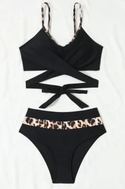 Sale Dear-Lover Leopard Splicing Criss Cross Tie Spaghetti Straps High Waisted Bikini Black