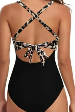 Online Dear-Lover Leopard 2-tone Crossed Cutout Backless Monokini Black