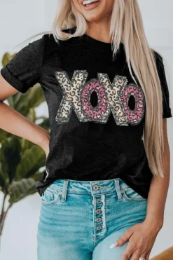 Best Dear-Lover Leopard XOXO Print T Shirt Black