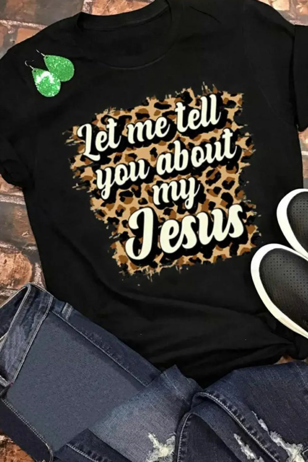 New Dear-Lover Let Me Tell You About My Jesus Leopard Graphic Tee Black