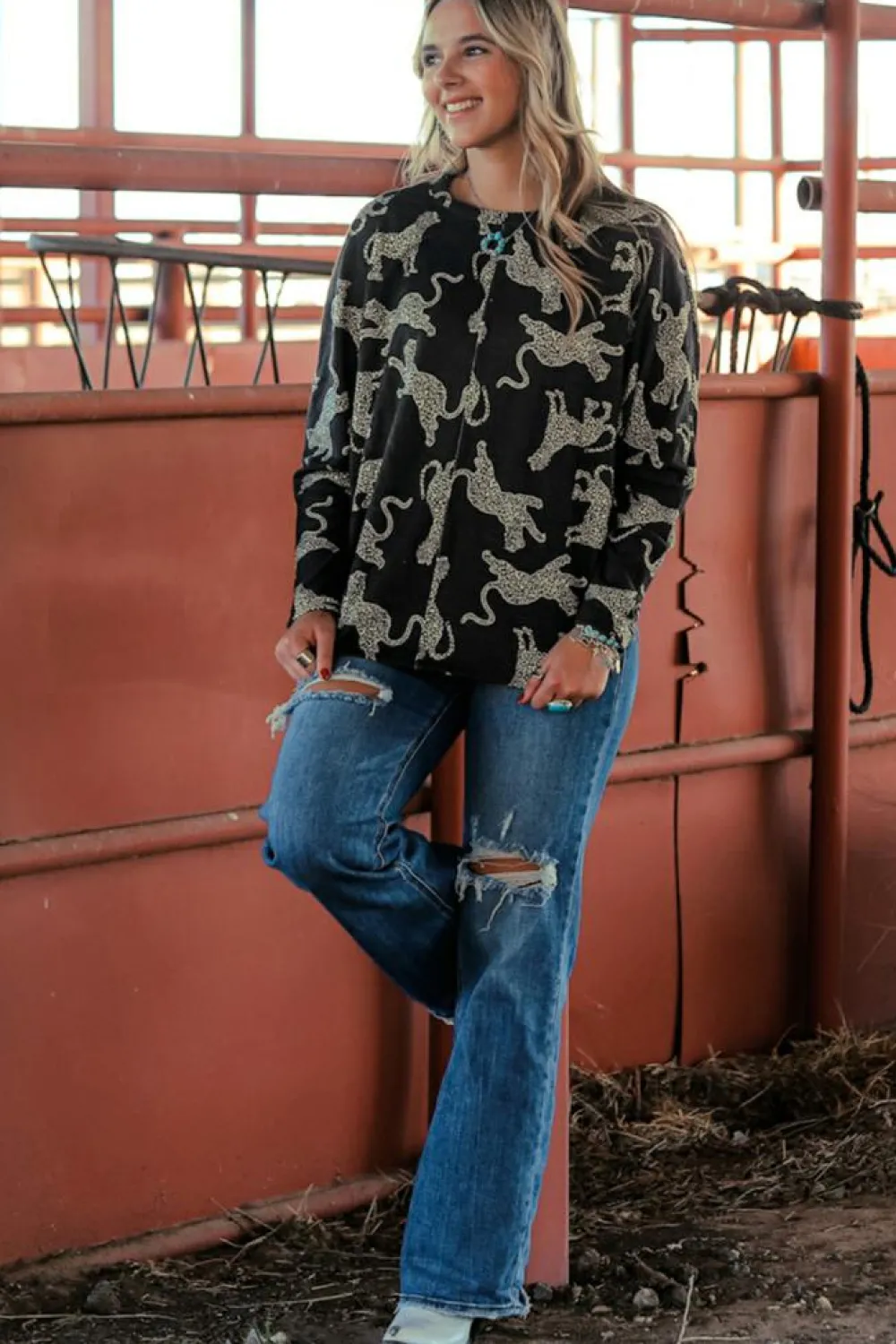 Fashion Dear-Lover Lively Cheetah Print Long Sleeve Top Black