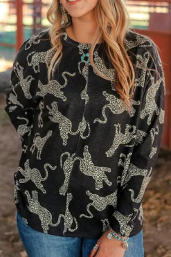Fashion Dear-Lover Lively Cheetah Print Long Sleeve Top Black