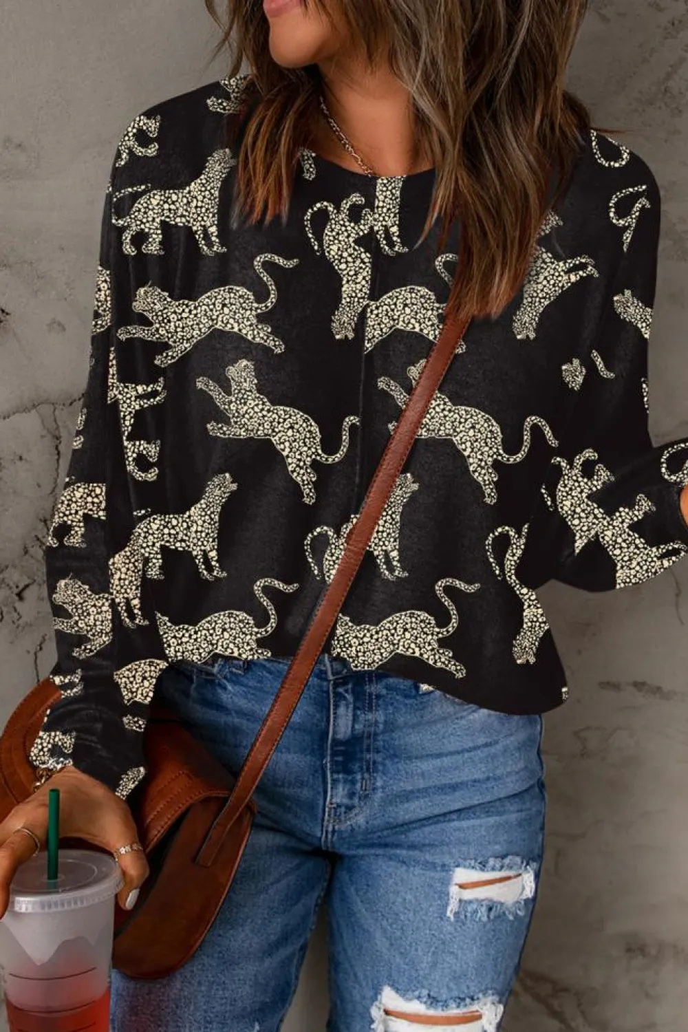 Fashion Dear-Lover Lively Cheetah Print Long Sleeve Top Black