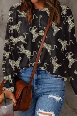 Fashion Dear-Lover Lively Cheetah Print Long Sleeve Top Black