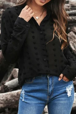 Discount Dear-Lover Long Sleeve Button Fuzzy Polka Dot Shirt Black