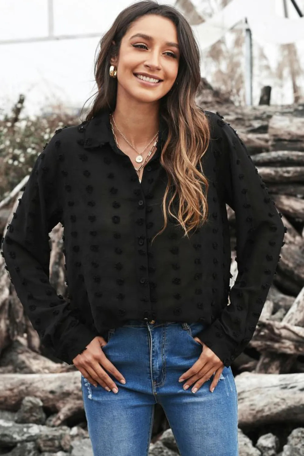 Discount Dear-Lover Long Sleeve Button Fuzzy Polka Dot Shirt Black