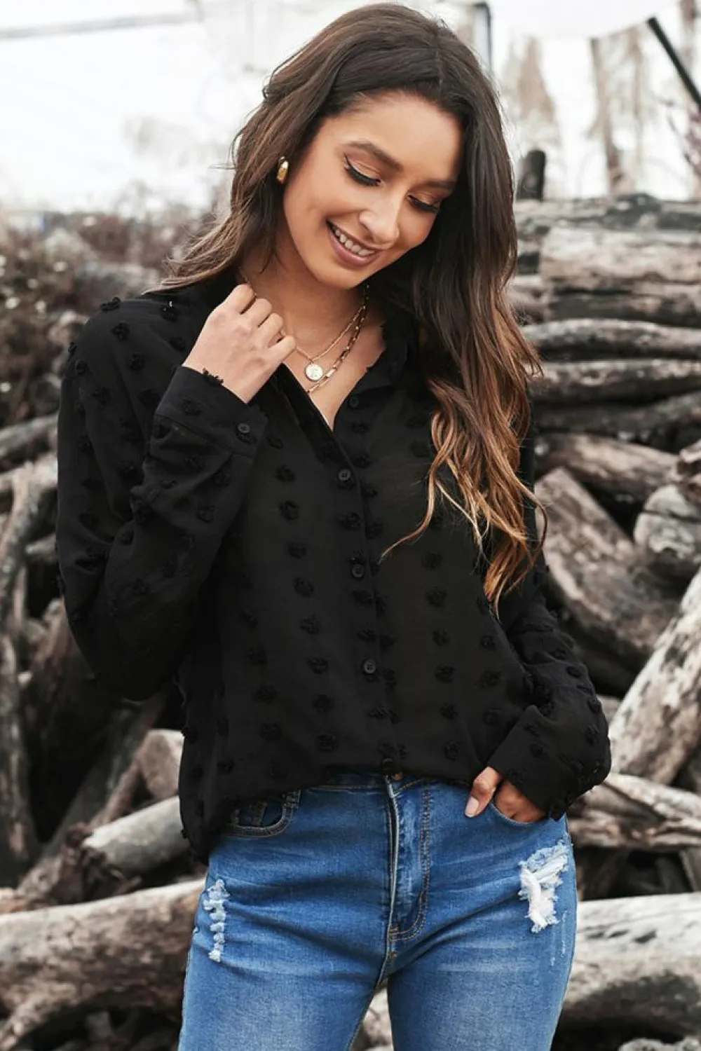 Discount Dear-Lover Long Sleeve Button Fuzzy Polka Dot Shirt Black
