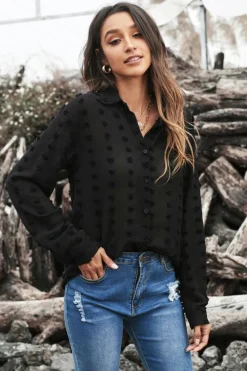 Discount Dear-Lover Long Sleeve Button Fuzzy Polka Dot Shirt Black