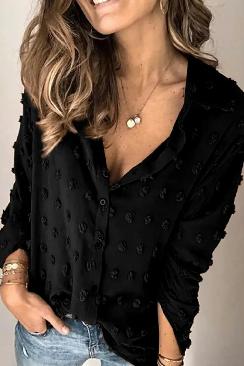 Discount Dear-Lover Long Sleeve Button Fuzzy Polka Dot Shirt Black