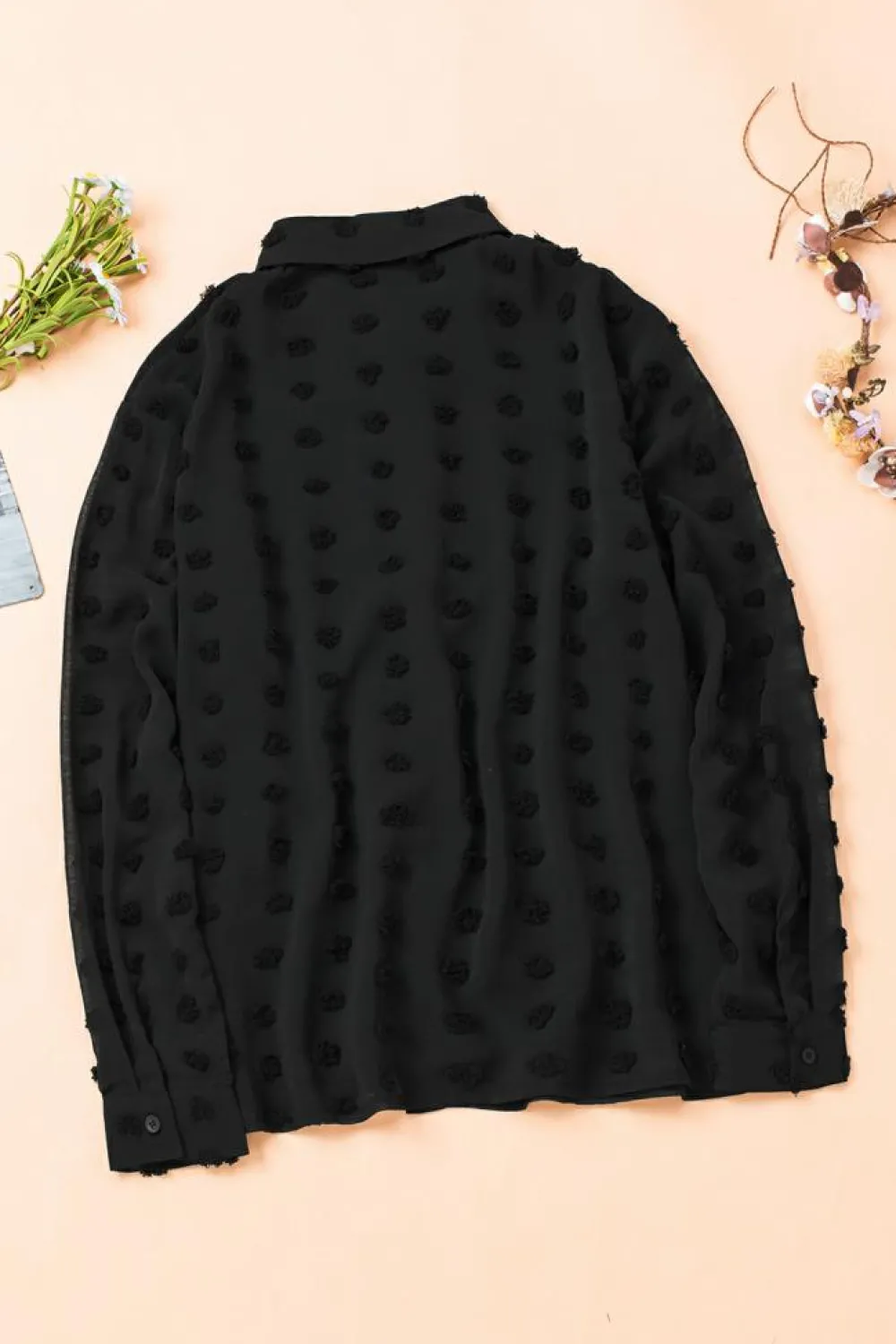 Discount Dear-Lover Long Sleeve Button Fuzzy Polka Dot Shirt Black