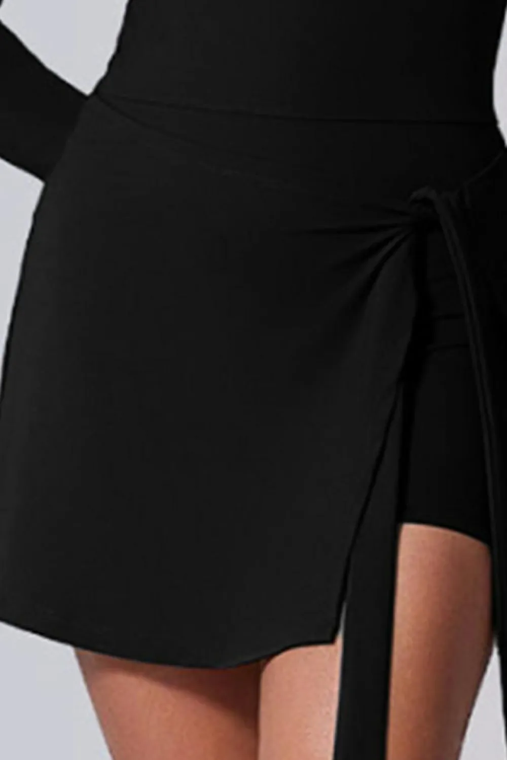 Online Dear-Lover Long Sleeve Knot Skirt Hem Sports Yoga Romper Black