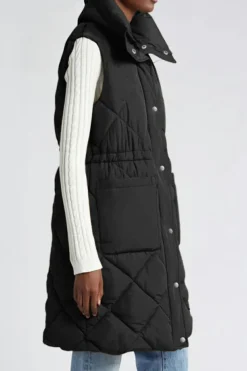 Hot Dear-Lover Longline Quilted Stand Collar Puffer Vest Black