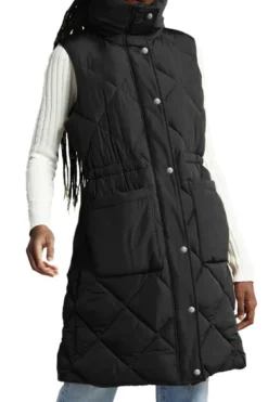 Hot Dear-Lover Longline Quilted Stand Collar Puffer Vest Black