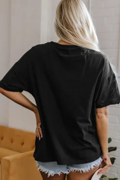 Fashion Dear-Lover Loose Half Sleeve Hi Low Hem T Shirt Black