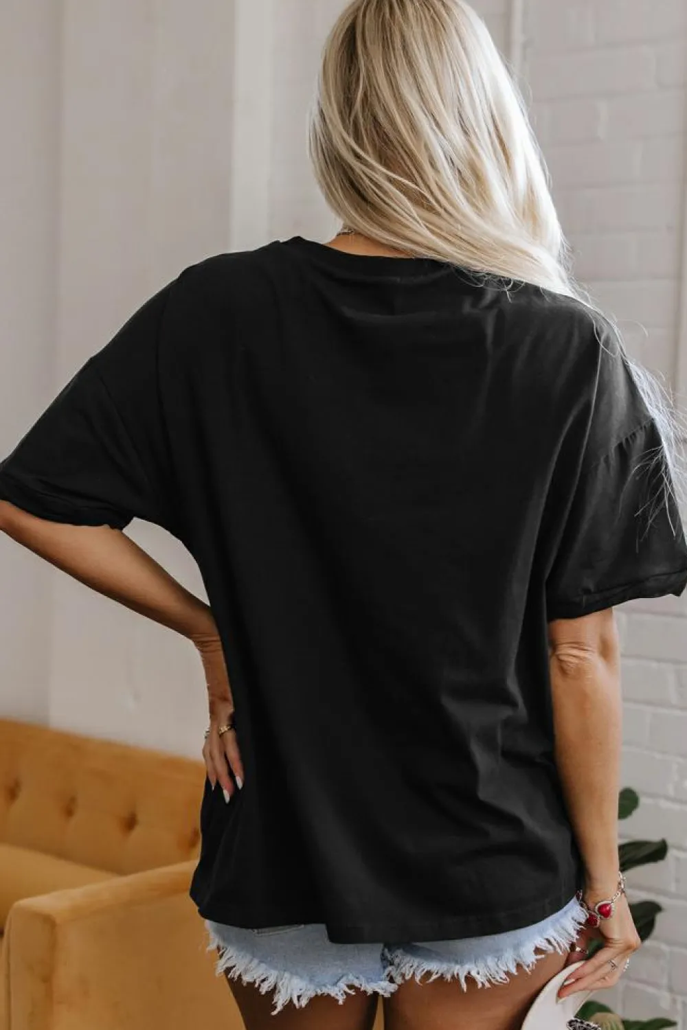Fashion Dear-Lover Loose Half Sleeve Hi Low Hem T Shirt Black