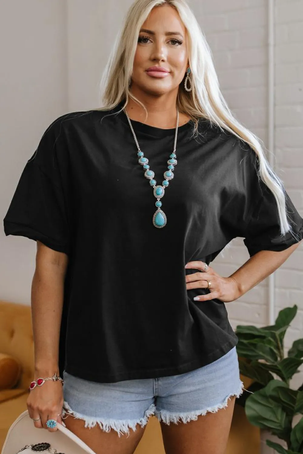 Fashion Dear-Lover Loose Half Sleeve Hi Low Hem T Shirt Black