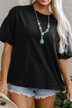 Fashion Dear-Lover Loose Half Sleeve Hi Low Hem T Shirt Black