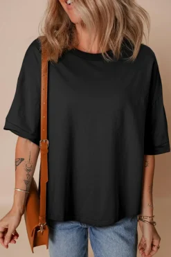 Fashion Dear-Lover Loose Half Sleeve Hi Low Hem T Shirt Black