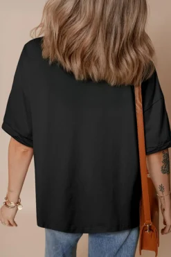 Fashion Dear-Lover Loose Half Sleeve Hi Low Hem T Shirt Black