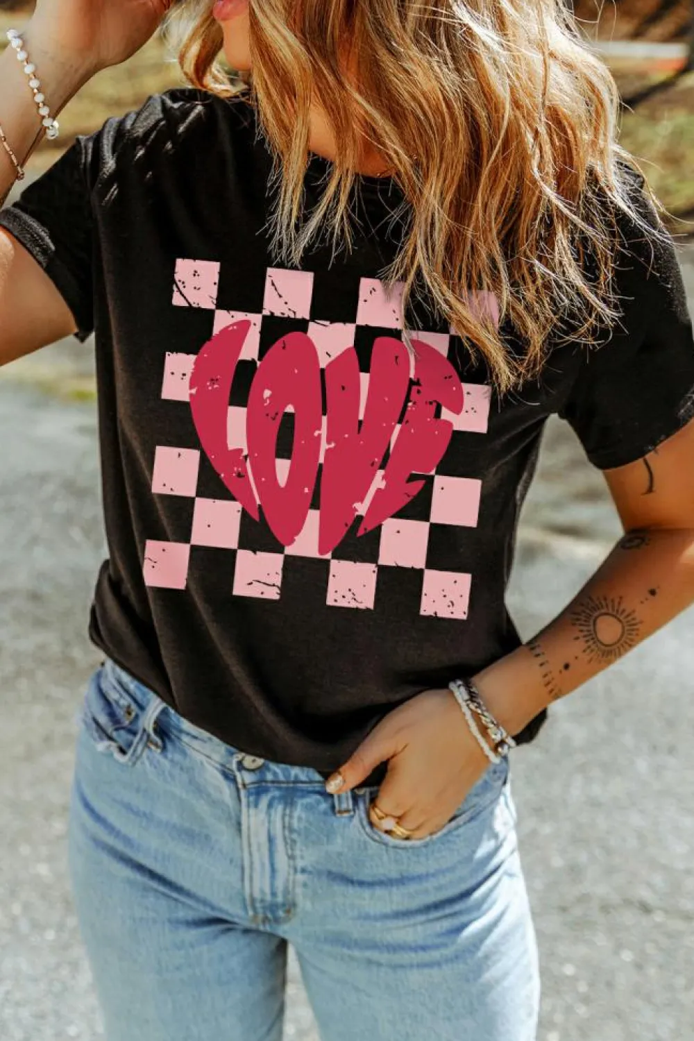 Online Dear-Lover LOVE Checkered Graphic Valentine Tee Black