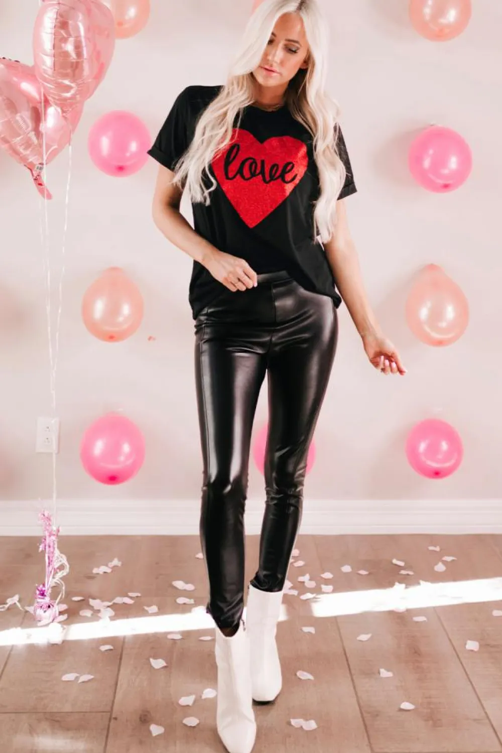 New Dear-Lover Love Heart Shaped Glitter Print T Shirt Black