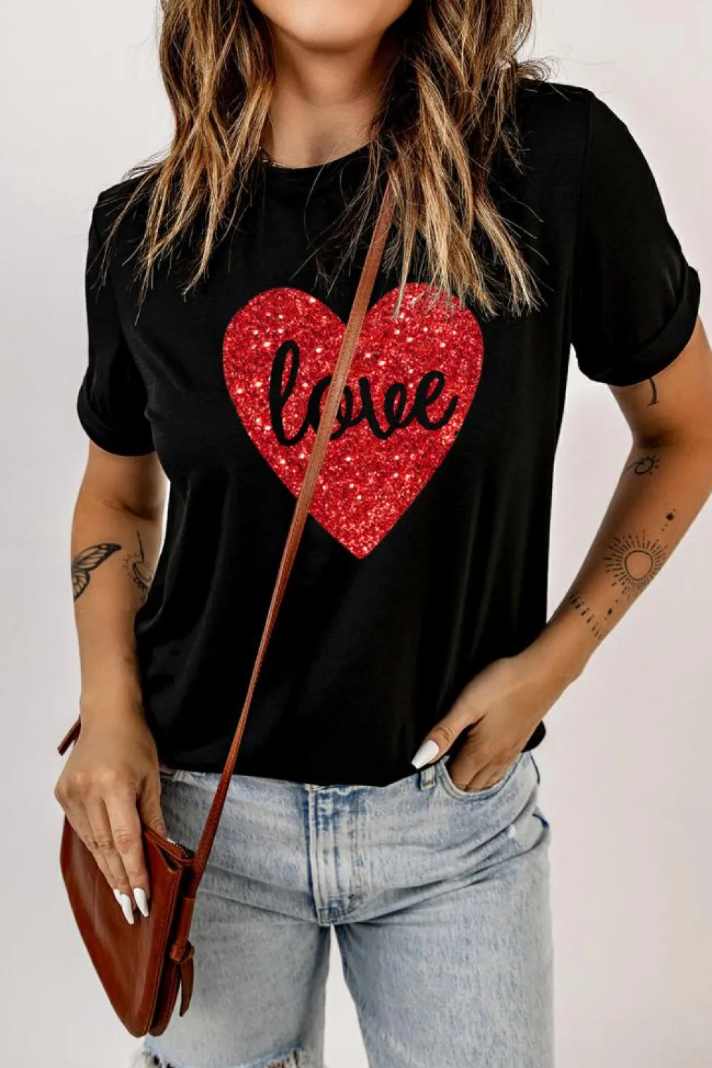 New Dear-Lover Love Heart Shaped Glitter Print T Shirt Black