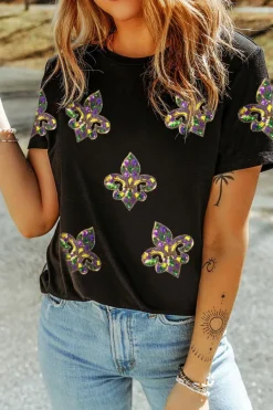 Sale Dear-Lover Maid Gras Sequin Fleur de Lis Graphic T Shirt Black