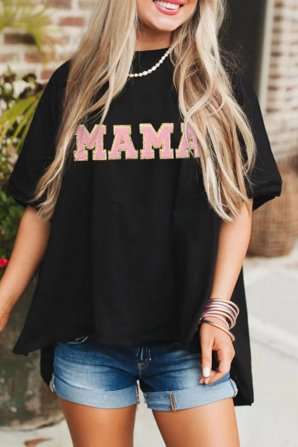 Discount Dear-Lover MAMA Patched Graphic Drop Shoulder Loose Tee Black