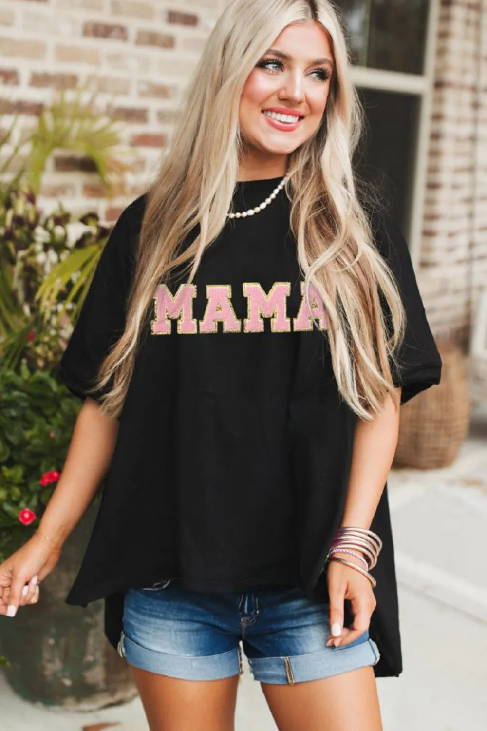 Discount Dear-Lover MAMA Patched Graphic Drop Shoulder Loose Tee Black