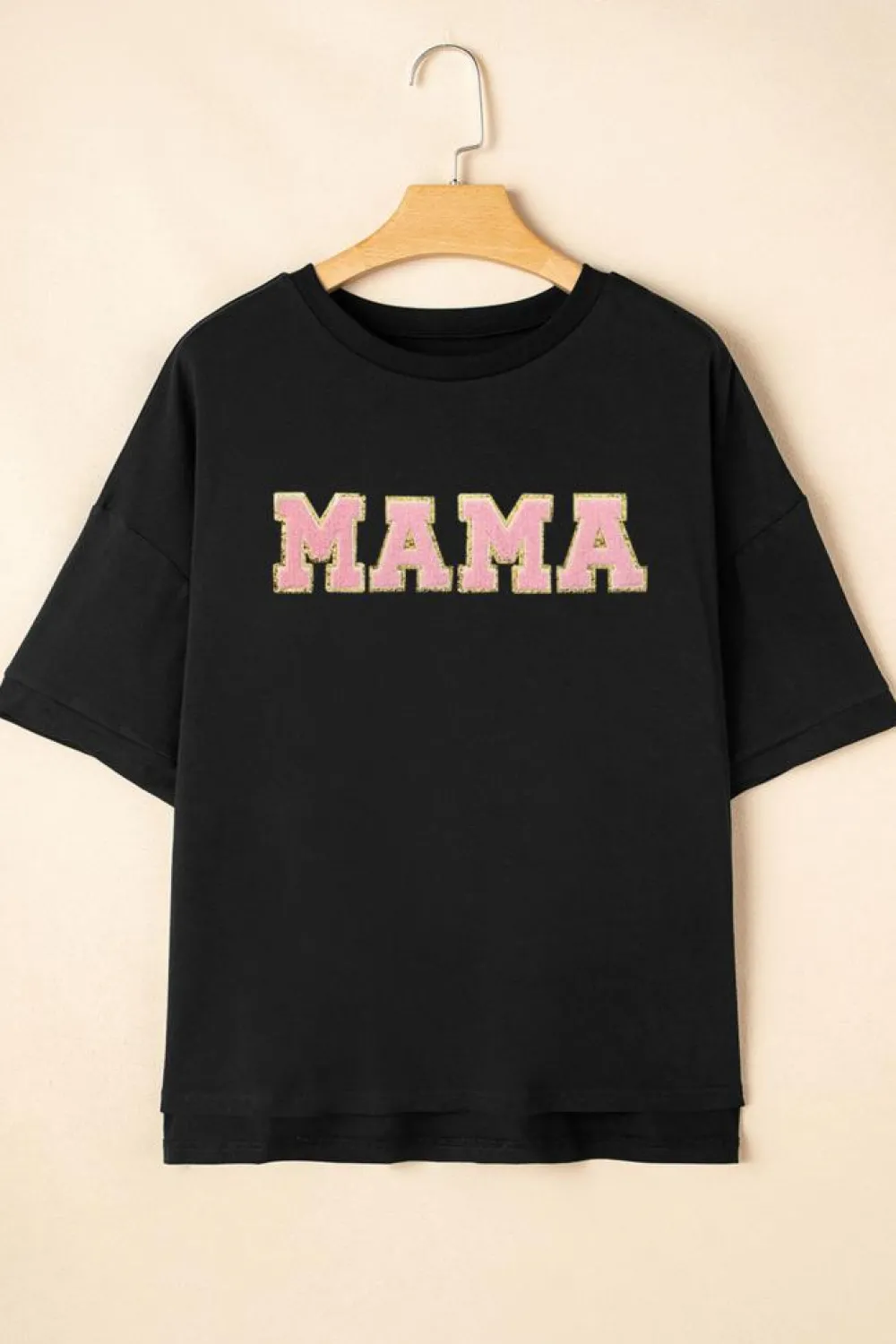 Discount Dear-Lover MAMA Patched Graphic Drop Shoulder Loose Tee Black