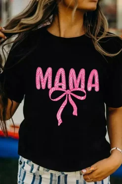 Hot Dear-Lover MAMA Ribbon Bowknot Graphic Crewneck T Shirt Black