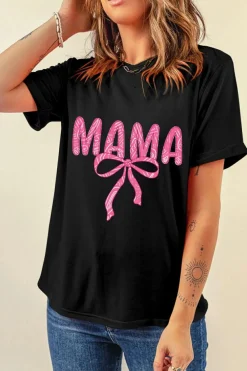 Hot Dear-Lover MAMA Ribbon Bowknot Graphic Crewneck T Shirt Black