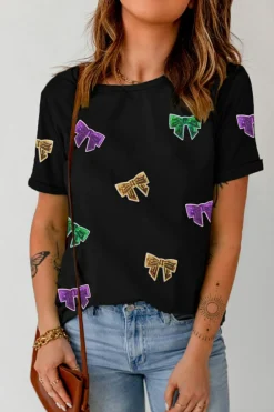 Hot Dear-Lover Mardi Gras Sequin Bow Knot Crew Neck T Shirt Black