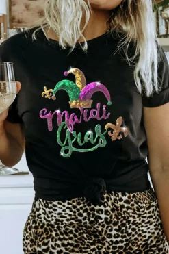 Best Dear-Lover Mardi Gras Sequin Pattern Crew Neck T Shirt Black