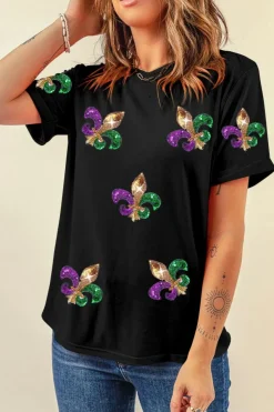 Clearance Dear-Lover Mardi Gras Symbol Patched Crewneck T Shirt Black