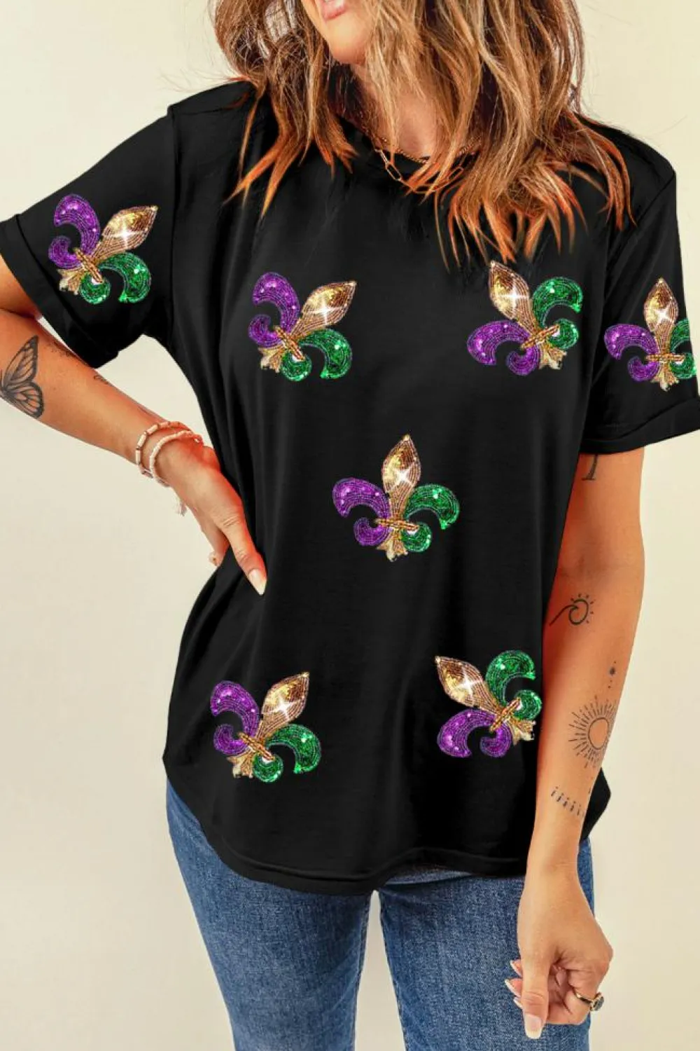 Clearance Dear-Lover Mardi Gras Symbol Patched Crewneck T Shirt Black