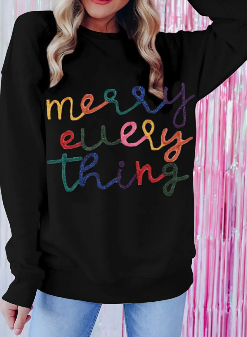 Online Dear-Lover Merry Every Thing Tinsel Slogan Sweatshirt Black