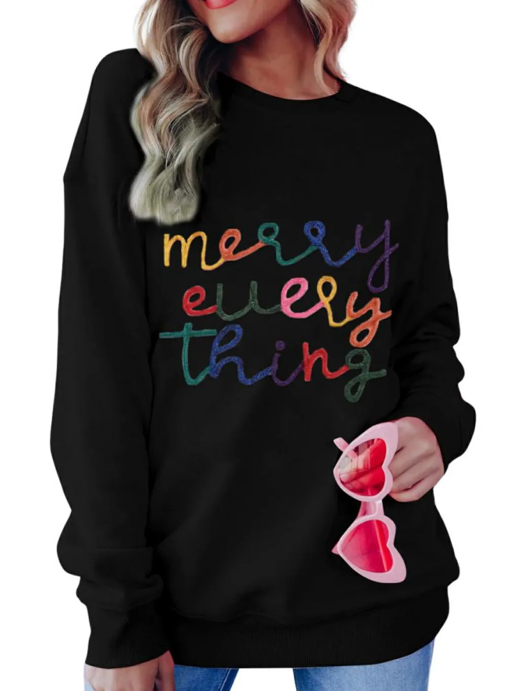 Online Dear-Lover Merry Every Thing Tinsel Slogan Sweatshirt Black