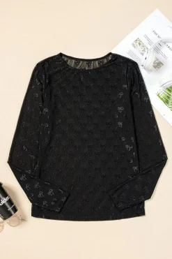 Best Dear-Lover Mesh Bow Pattern Long Sleeve Top Black