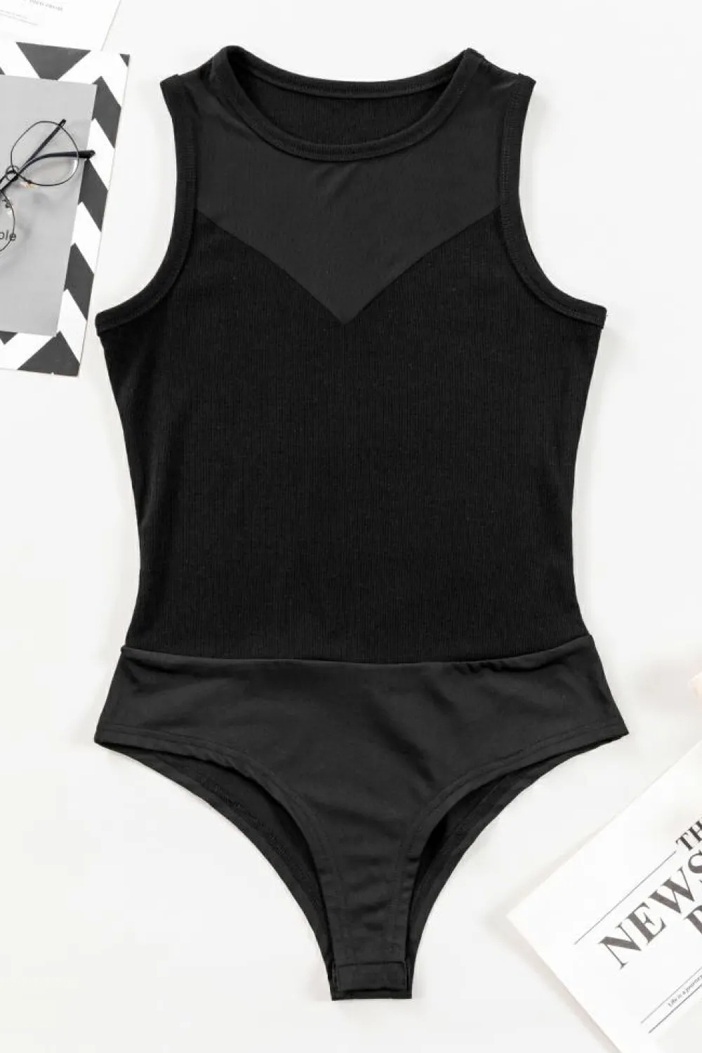 Fashion Dear-Lover Mesh Patchwork Sleeveless Bodysuit Black