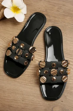 Fashion Dear-Lover Metal Decor Braided Square Toe Flat Slippers Black