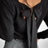 Hot Dear-Lover Metallic Bowknot Open Back V Neck Top Black