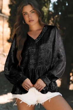 Discount Dear-Lover Metallic Frilled V Neck Puff Sleeve Babydoll Blouse Black