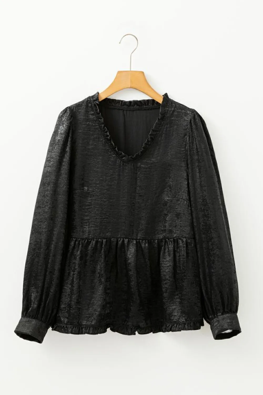 Discount Dear-Lover Metallic Frilled V Neck Puff Sleeve Babydoll Blouse Black