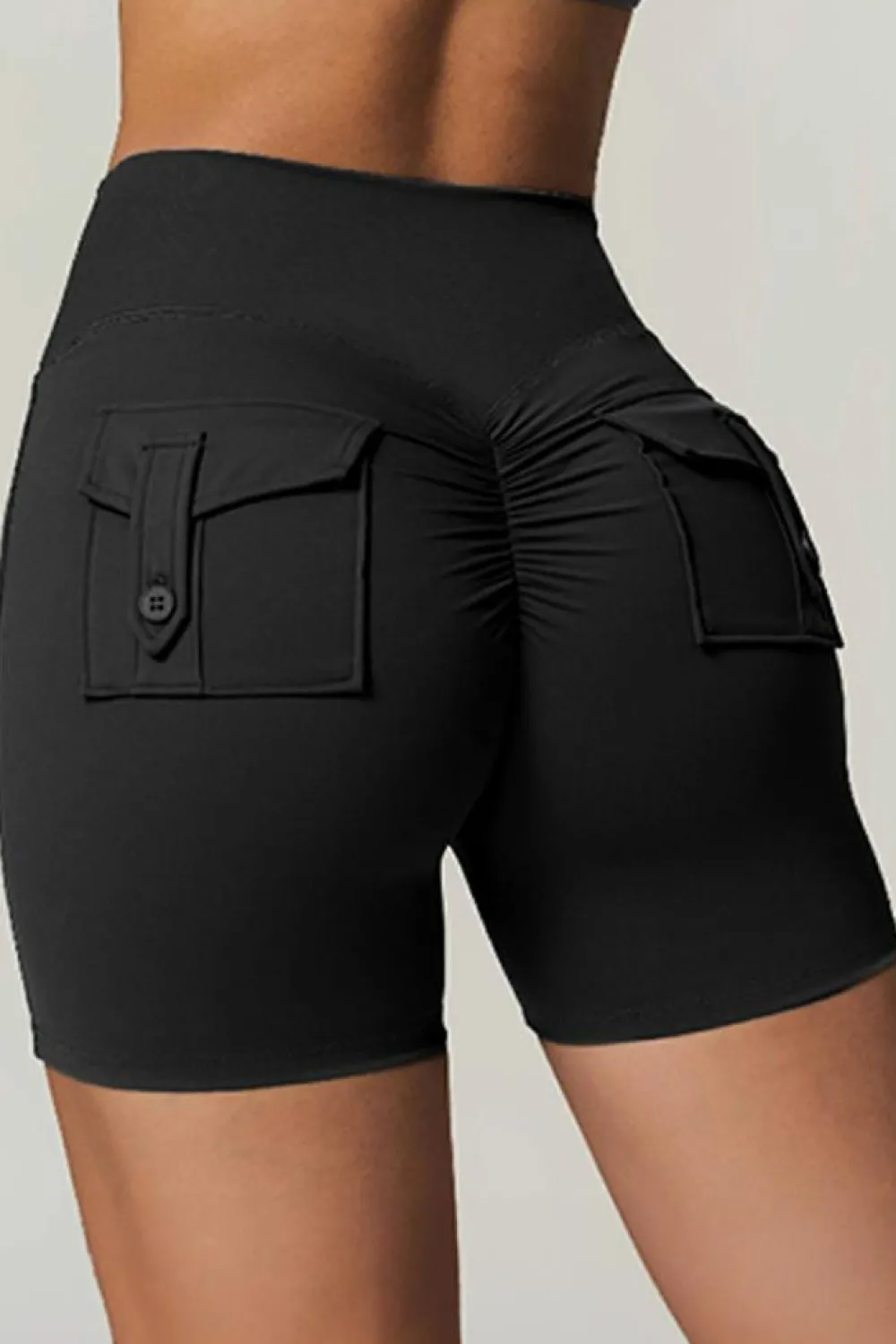 Hot Dear-Lover Mid Rise Back Buttoned Flap Pocket Active Shorts Black
